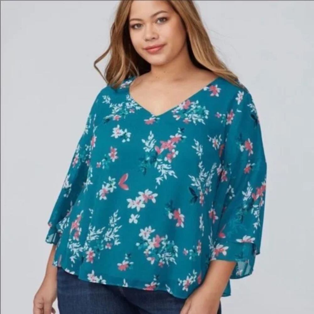Lane Bryant Teal Floral Blouse Womens Size 18/20 Bell Sleeves Boho Top